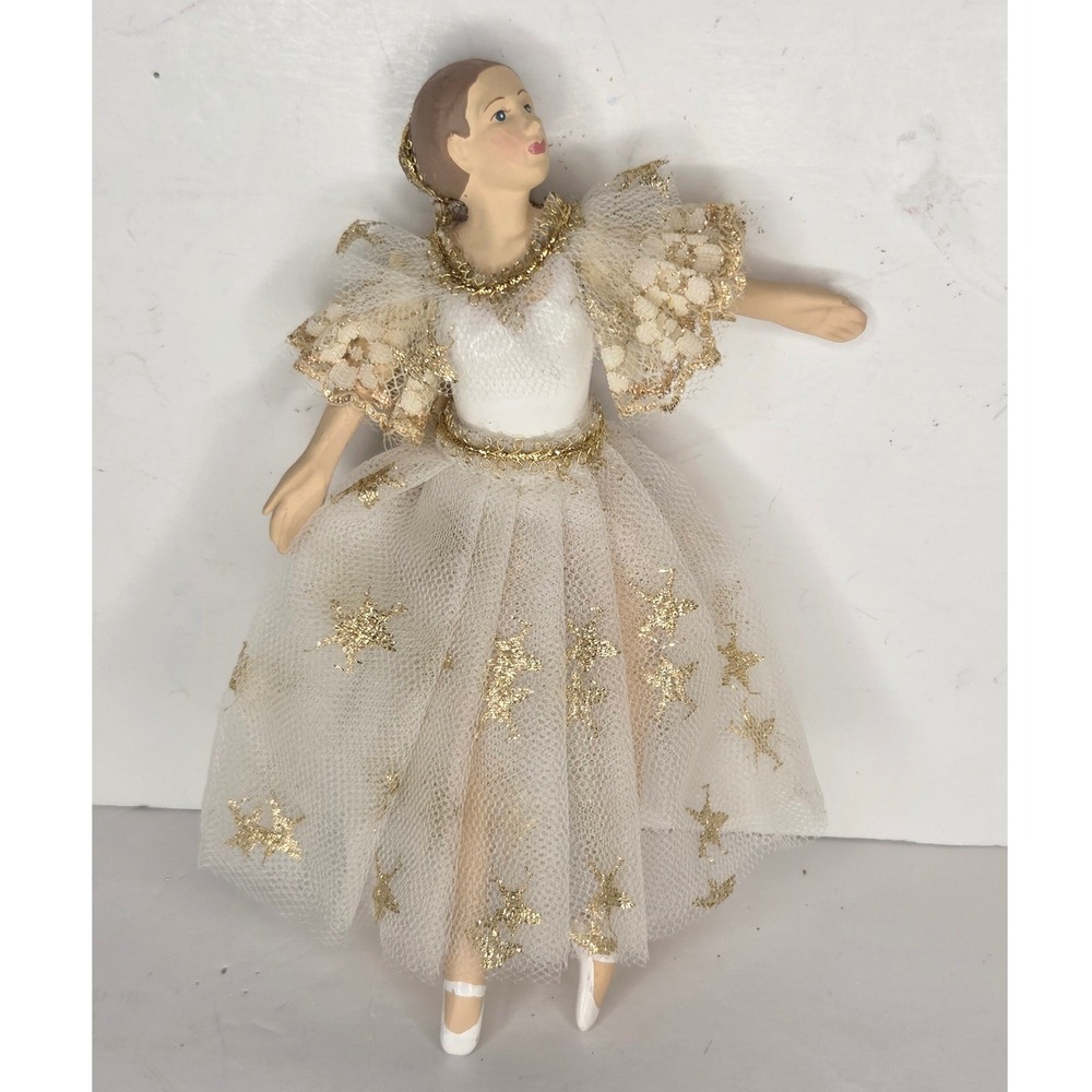 Vintage Ballerina Christmas Ornament White Gold Tulle Star Dress Dancer Decor